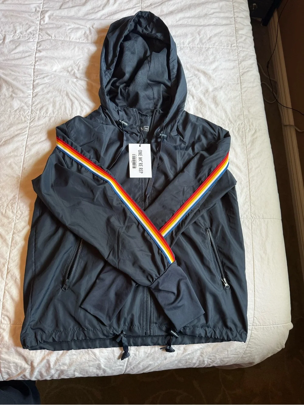ZYIA Navy Rainbow Bomber Jacket - Hooded Windbreaker with Rainbow Sleeve Stripe - Picture 3 of 5